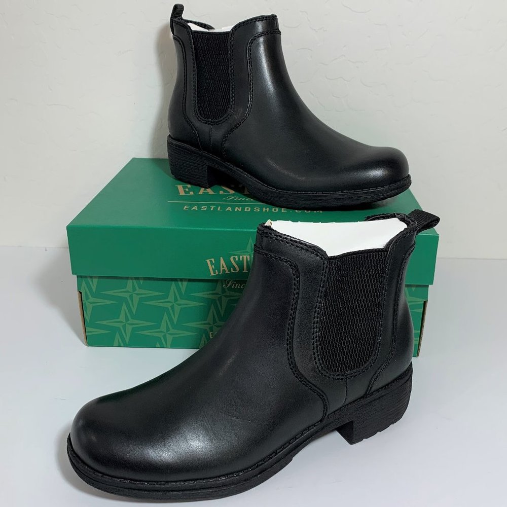 Eastland Double Up Chelsea Leather Boots Block Heel Booties Black Size 7.5 NEW